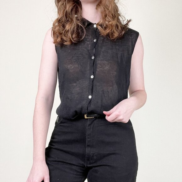 Vintage Italian Euro Trip Knit Linen Sheer Top Blouse Tunic Vest Quiet Luxury - Picture 8 of 8